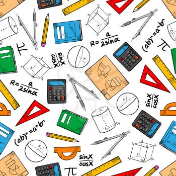 Mathematics seamless pattern of books and pencils, rulers, calculators and compasses, geometric figures, drawings and algebra formulas. Education and back to school theme design
