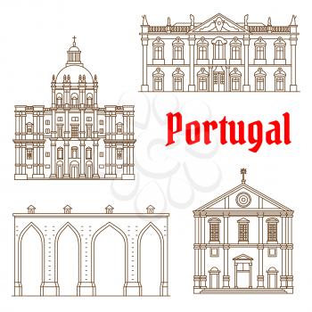 Portuguese tourist attractions of Lisbon thin line symbol with historic Aqueduct of the Free Waters, Church of Saint Roch, rococo Palace of Queluz and Church of Santa Engracia. European travel design