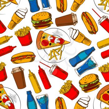 Fast food lunch background with seamless pattern of cheeseburger, hot dog, pizza, bottle and takeaway cup of soda, french fries, coffee cup, ice cream, ketchup and mustard sauce
