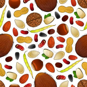 Seamless pattern of peanuts, hazelnuts, almonds, pistachios, coconuts, walnuts, roasted coffee, yellow pods and dried kidney beans, sunflower and pumpkin seeds. Vegetarian nutrition background design