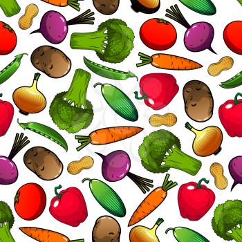 Vegetables pattern with seamless background of tomato, bell pepper, onion, broccoli, carrot, peanut, cucumber, potato, green pea, beet vegetables. Organic farming agriculture vegetarian food design