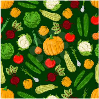 Organic vegetables seamless background. Vector vegetarian wallpaper with pattern of tomato, pepper, beet, squash, zucchini, paprika, cauliflower, pumpkin cabbage onion cucumber