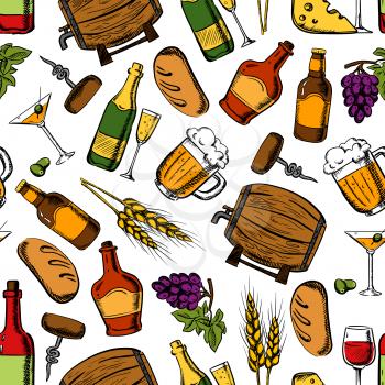Pub whiskey, drinks and snacks seamless background. Wallpaper with vector pattern icons of whiskey, wine, beer, cheese, olives, wheat, grape, barrel, bread loaf corkscrew champagne
