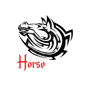 Tribal horse head tattoo design element with black silhouette of wild mustang made up of twisted celtic ornament