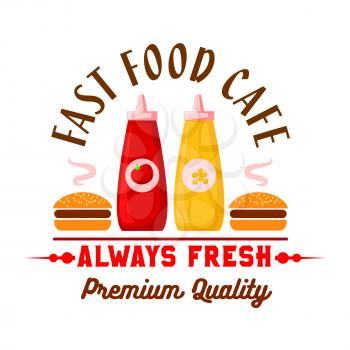 Fast food cafe lunch menu design element with cartoon icon of hamburgers served with squeeze bottles of ketchup and mustard sauces. Fast food hamburgers retro badge for cafe interior design usage