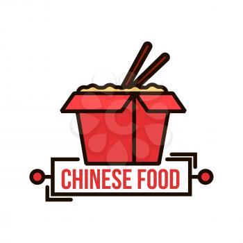 Takeaway chinese food badge of red paper noodle box with wok fried noodles and chopsticks. Use as food packaging or delivery service design. Thin line style