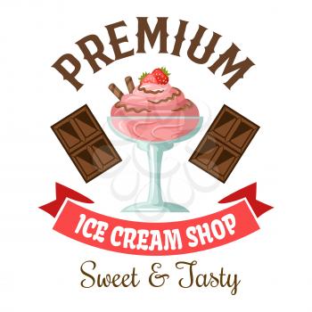 Ice cream shop symbol of strawberry gelato with chocolate and fresh fruit toppings, flanked by dark chocolate bars and vintage pale pink ribbon banner below. Great for takeaway ice cream cup or desser