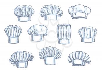 Chef toques, caps and hats. Different shapes and forms. Pencil sketch icons for restaurant, bakery, kitchen design