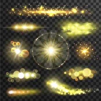 Golden glittering stars. Sparkling sun light flashes with lens flare effect on transparent background. Vector shining gold bokeh elements