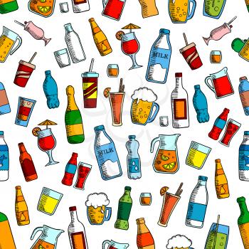 Drinks and bottles seamless background. Wallpaper with vector pattern icon of beer mug, milk bottle, lemonade pitcher, soda coke, cocktail, champagne