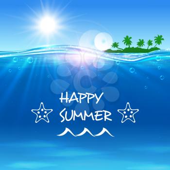 Happy Summer poster. Summer journey travel background with ocean water, shining sun, tropical palm island and waves. Template for banner, advertising, agency, flyer, greeting card