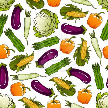 Fresh farm bell pepper, corn, asparagus, cauliflower and daikon vegetables seamless pattern on white background. Agriculture, farm market or food packaging design