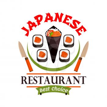 Japanese food restaurant icon. Sushi, spring rolls, knives. Oriental cuisine label for bar, eatery menu. Advertising sticker for door signboard, poster, leaflet, flyer