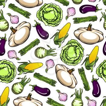 Vegetables seamless background. Wallpaper with vector pattern of cabbage, asparagus, squash, tablecloth, kohlrabi, eggplant garlic