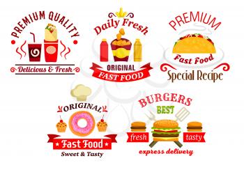 Fast food sandwich, drink, snack and dessert badges with hamburger, cheeseburger, sweet soda, taco, burrito, fried chicken, cupcake and donut with sauces, ribbon banners and chef hat