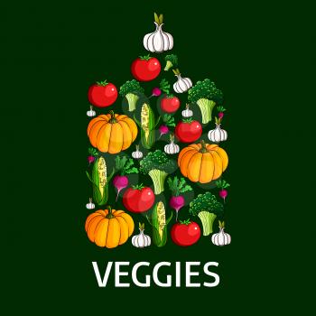 Healthy vegetables in a shape of cutting board with fresh tomato, broccoli, radish, corn, garlic and pumpkin vegetables. Healthy vegetarian food, organic farming, farm market design