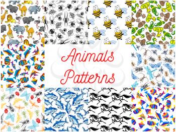 Animals seamless backgrounds set. Wallpapers with pattern of zoo camel, lion, flamingo, rhinoceros, hippopotamus, giraffe, ostrich. Insects fly, dragonfly, bee, butterfly, beetle moth wasp Ocean fishe