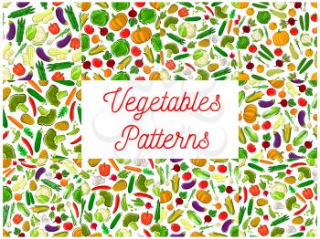 Vegetables seamless backgrounds set. Vector pattern of farm cucumber, carrot, potato, beet, kohlrabi, radish, cabbage, asparagus, squash, eggplant, garlic pepper paprika pumpkin broccoli tomato caulif