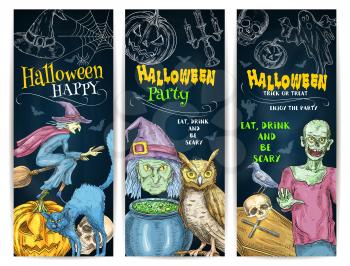 Halloween Party chalk pumpkin lantern, witch cauldron and broom, scary full moon, undead walking zombie, cemetery coffin. Vector color chalk sketch elements of Halloween Party on chalkboard for invita
