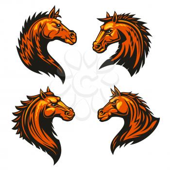 Tribal flaming horse head mascots of angry stallion horse with spiky brown coat and mane. Sporting team or club symbol, t-shirt print design
