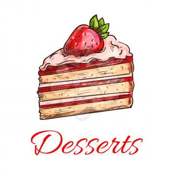 Strawberry cake icon with fruit cream and fresh berries. Delicious fruit cake in sketch style for cafe, pastry shop, cooking book design