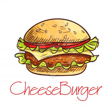 Fast food burger sketch. Takeaway cheeseburger with grilled beef, swiss cheese, tomato vegetable on wheat bun with fresh lettuce. Fast food cafe sandwich menu design