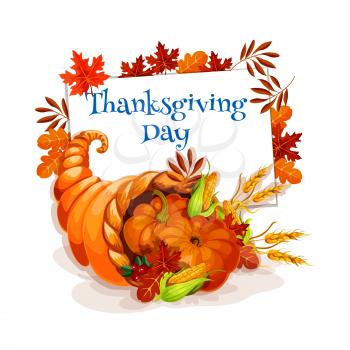 Thanksgiving Day cornucopia greeting card. Vector design template for thanksgiving invitation and greeting cards