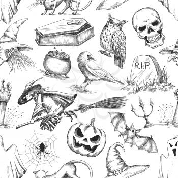 Halloween pattern of doodle sketch symbols and characters for halloween holiday celebration design. Elements of witch, pumpkin, owl, coffin, cauldron, bat for greeting background