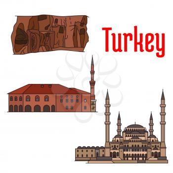 Turkey historic architecture and sightseeings. Vector detailed icons of Kocatepe Mosque, Haci Bayram Camii, Kaymakli Underground City. Turkish architecture symbols for souvenirs, postcards