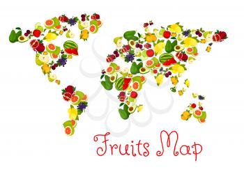 Fruits world map design elements. Vector map with continents of exotic and tropical fruits pattern. Template for healthy diet decoration or infographics symbols
