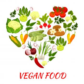 Heart shape icon with vegan vegetables elements of fresh ripe of cauliflower, eggplant, napa cabbage, zucchini, leek, corn, tomato, beet, onion. Vegetarian design decoration