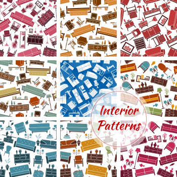 Interior furniture and home objects patterns set. Color interior elements decoration seamless background. Vector retro and classic household objects of room interior