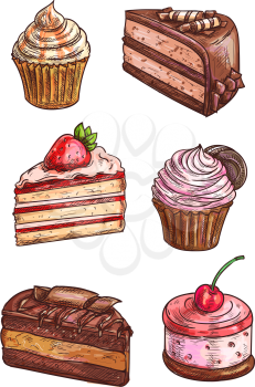 Patisserie sweet desserts sketch. Vector isolated confectionery icons of cupcake with strawberry topping, chocolate cake, vanilla muffin with whipped cream, cherry caramel souffle