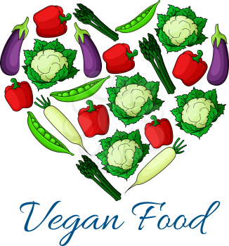 Vegan food heart. Vegetarian symbol of fresh natural farm vegetables cauliflower, pepper, pea, asparagus, daikon radish, eggplant