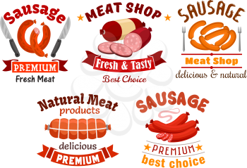 Meat shop signs set. Grocery market, butcher shop vector icons of fresh veal, smoked pork sausage, beef meat loaf, grilled wurst, salami, sliced bacon. Isolated symbols, ribbons for restaurant menu, s