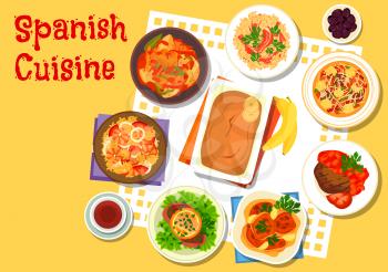 Spanish seafood and meat dishes icon with sausage soup, seafood paella, rice with gammon, beef schnitzel with salmon, chicken in sherry sauce, tuna potato stew, garlic beef steak, banana pudding