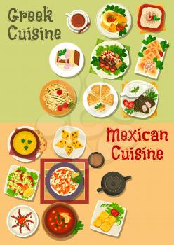 Mexican and greek cuisine icon with chilli bean, vegetable soup, meat stew, vegetable cheese and fish roe salad, corn and garlic bread, beef feta pie, dolma, eggplant roll, almond cake, bread pudding