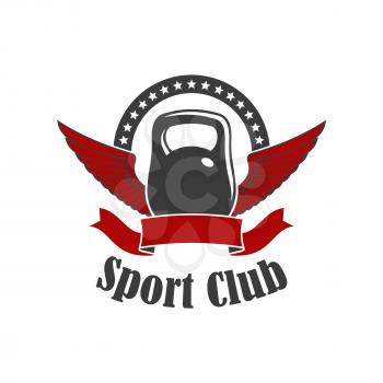 Sport club symbol with winged kettlebell, encircled by wavy ribbon banner and arch of stars. Kettlebell lifting sport, fitness club, gym badge design