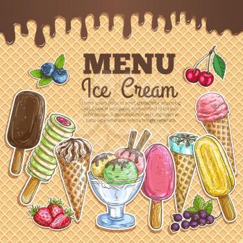 Ice cream menu poster. Wafer sketch texture background. Ice cream assortment of scoops in glass bowl, chocolate eskimo, sundae wafer cone, frozen fruit ice. Sweet ice cream dessert menu card, sign boa