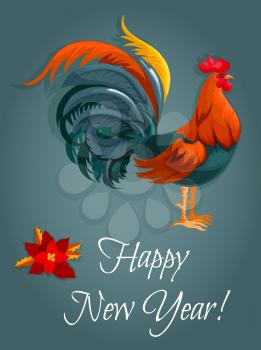 New Year greeting card with red rooster. New Year animal symbol with fire cock and poinsettia flower. Winter holiday themes design