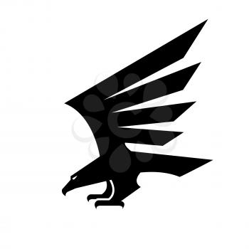 Eagle isolated sign. Vector heraldic black falcon bird symbol with spread wings. Hawk geometric shape design for sport team mascot, army, military shield, security coat of arms