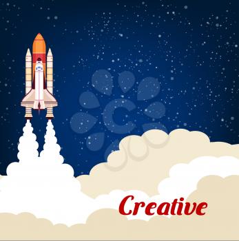 Rocket launching up into space. Creative concept of business project successful start metaphor. Flat design of starry cosmos sky for cosmonautics astronaut spaceship flight, spacecraft technology deve