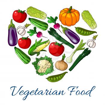 Heart of vegetables. Vector symbol of vegetarian food. Poster with pumpkin, cauliflower and broccoli cabbage, avocado, corn, cucumber and tomato, potato, beet, carrot, radish, kohlrabi, broccoli, pea,