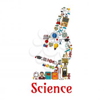 Science microscope symbol designed of astronomy, chemistry, physics, medicine, mathematics items. Vector books, laboratory test flask, DNA formula, computer, syringe and lamp, scientist with telescope