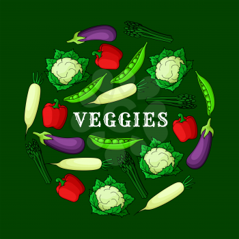Veggies background with fresh vegetables icons. Vector elements of radish, eggplant, aubergine, cauliflower, pea pod, pepper, asparagus. Wallpaper for grocery store, food market and product shop