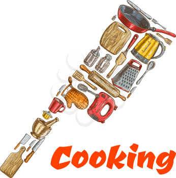 Kitchen ax hatchet emblem made of cooking utensils. Vector sketch elements of kitchenware electric kettle, saucepan, frying pan, cooking glove, cup, mixer, grater, mortar, cup, salt, pepper, spatula, 
