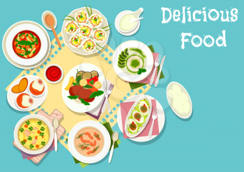 Italian and french cuisine icon of chicken soup with pasta, tomato pasta soup, beef steak with vegetables, egg with ham, salmon cream soup, egg with tomato sauce, egg cheese crostini, kiwi panna cotta