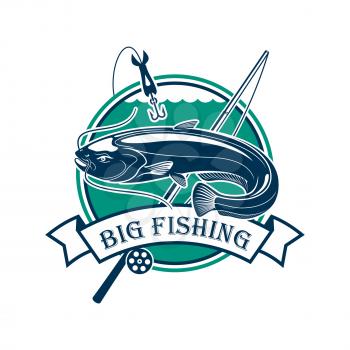 Fishing club emblem. Vector fisherman sport adventure sign with circle badge and big catfish or eel fish caught on fishing rod with floats and hooks in river water with ribbon design