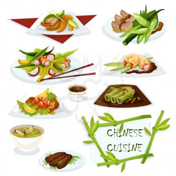 Chinese cuisine seafood snacks with shrimps icon served with soy sauce, peking duck, prawn salad, rice pork soup, chicken peach salad, cabbage rolls, sweet and sour duck salad
