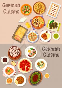 German cuisine icon set with ham hock, beef steak, pork chops, schnitzel, vegetable, sausage and sauerkraut stew, bacon pie, sausage noodle soups, beef hash, salmon in pastry, fruit and chocolate cake